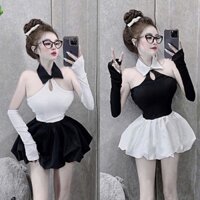 Set Bộ Áo Yếm Cổ Sơ Mi Có Mút Croptop + Chân Váy Bí Phồng Xoè Có Lót Quần Kèm Ống Tay Rời