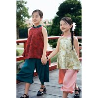 SET BỘ ÁO YẾM CỔ TÀU QUẦN LỤA BÉ GÁI CÁT TƯỜNG  |Little Pink|