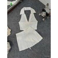 Sét bộ áo yếm cổ trụ hở lưng ngang croptop , phối chân váy xếp ly to cực xinh