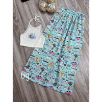 Sét bộ áo yếm đính con vịt croptop phối quần ống suông họa tiết màu xanh hot hit