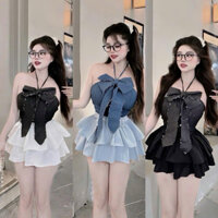 set bộ áo yếm jean nơ to cắt kèm váy 2 tầng xoè đẹp đủ màu