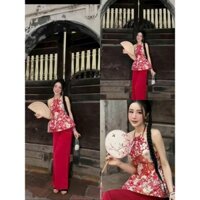 Sét bộ áo yếm sexy thời trang nữ mặc tết chất gấm hoa kèm vải thật phối quần chất lụa mịn mát ống rộng