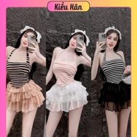 Set Bộ Áo Yếm Sọc Vạt Nhọn Có Mút Croptop + Chân Váy Voan Tầng Có Lót Quần - Nữ Women Top