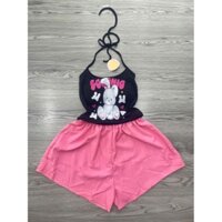 Set Bộ Áo Yếm Thỏ Croptop + Quần Short Hồng Xoè Lưng Chun