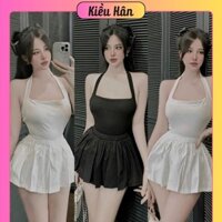 Set Bộ Áo Yếm Trơn Cột Croptop + Chân Váy Xoè Lưng Chun Có Lót Quần