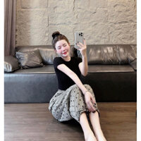 Set bộ áo zip đen quần chấm bi