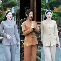 Set bộ bà ba nữ, set đồ lam tay dài chất vải phi tuyết áo thêu hoa đính nút mây,