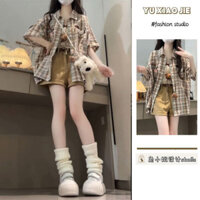 Set Bộ Ba Món Phong Cách Nhật Bản Áo Khoác Sơ Mi Kẻ Sọc Thêu Hình Cún +Áo Lót Bên Trong+Quần Short Denim- Hàng Order