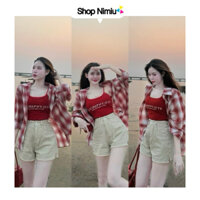 Sét bộ ba món thời trang nữ mặc đi chơi áo khoác lụa caro sơ mi lót thun gân in chữ 2 dây phối quần short kaki