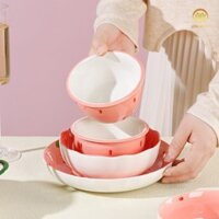 Set Bộ bát , chén ,dĩa , ly , khay đựng thức ăn bằng sứ nhiều món họa tiết dâu tây sử dụng trong gia đình - SH Gốm Sứ