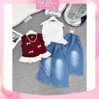 Set bộ bé gái B01, Set áo sát nách 3 nơ viền bèo quần jean kèm vòng cổ cho bé gái