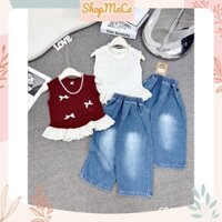 Set bộ bé gái B01, Set áo sát nách 3 nơ viền bèo quần jean kèm vòng cổ cho bé gái