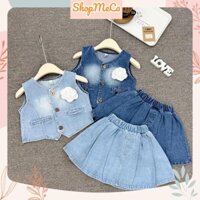 Set bộ bé gái B22, Set áo bò jean sát nách hoa trà kèm chân váy cho bé gái