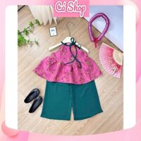 Set bộ bé gái CS472, set bộ áo cổ yếm quần lụa kèm mấn cho bé mặc tết