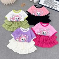 Set bộ bé gái CS523, Set áo Labubu ngắn tay chân váy ren tầng
