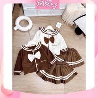 Set bộ bé gái CS529, Set áo cổ thuỷ thủ nơ chân váy xếp ly nâu cho bé