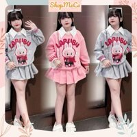 Set bộ bé gái CS601, # Set áo labubu cổ sơ mi chân váy xếp ly cho bé