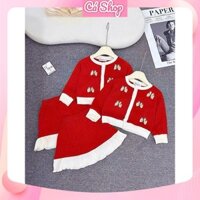Set bộ bé gái CS644, Set áo len đỏ nơ chân váy len cho bé