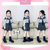 Set bộ bé gái CS695, Set áo kẻ sơ mi khăn thuỷ thủ kèm chân váy xám cho bé