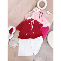 Set bộ bé gái CS715, Set áo voan đỏ 2 tầng nơ hoa quần lụa trắng cho bé gái mặc tết