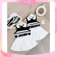 Set bộ bé gái H18, Set áo kẻ đen sát nách chân váy trắng kèm dây lưng cho bé