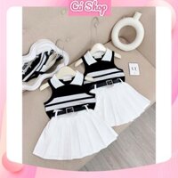 Set bộ bé gái H18, Set áo kẻ đen sát nách chân váy trắng kèm dây lưng cho bé