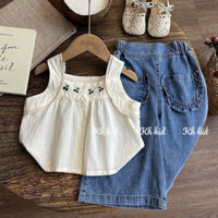Set bộ bé gái hàn quốc, đồ bộ bé gái, set hè bé gái, áo thô mềm sát nách phối quần jean suông túi viền 12-32kg KTKIDS