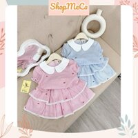 Set bộ bé gái QT113, Set áo kẻ nơ cổ sen phối chân váy 2 tầng cho bé gái