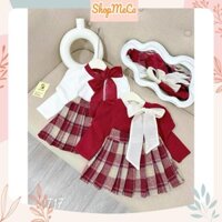 Set bộ bé gái QT17, Set áo dài tay nơ bản to chân váy dạ kẻ cho bé