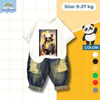 Set bộ bé trai 2-8 tuổi (9-24kg) in hình gấu, bộ đồ áo thun cotton kèm quần jean xước siêu chất | D&T KIDS