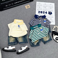 Set bộ bé trai áo thun cổ sơ mi sọc kèm quần jeans bạc (8-26kg)