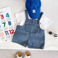 Set bộ bé trai, quần jean denim yếm túi hộp kèm áo thun chữ cotton mát mẻ mùa hè cho bé