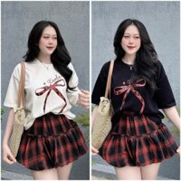 SET BỘ BIGSIZE, ÁO THUN IN NƠ PHỐI CHÂN VÁY KẺ CARO