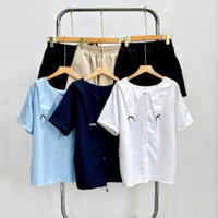 Set bộ Bigsize nữ 50-95kg áo sơ mi kiểu thủy thủ thắt nơ lưng tôn eo kèm quần dáng A vải cotton lạnh - SET837