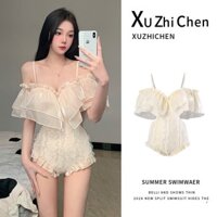 Set bộ bikini 1 mảnh hai dây trễ vai eo phối nhún bèo gợi cảm tôn dáng, bộ đồ bơi liền thân đi biển hàng QCCC BKN15