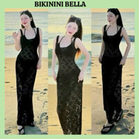 Set bộ bikini 3 món mặc đi biển quần + áo bra + áo ngoài body ren maxi màu đen tôn dáng BELLA