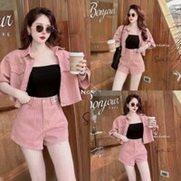Sét bộ blazer nữ mặc đi chơi chất kaki áo khoác tay ngắn mix quần đùi lưng cao kèm áo lót ống cao cấp
