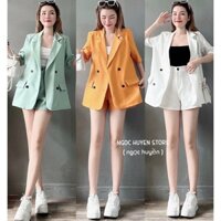 Sét bộ blazer thời trang nữ mặc đi chơi chất tuyết mưa áo khoác cổ vest tay ngắn túi giả mix quần đùi kèm áo lót cotton