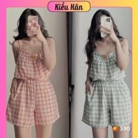 SET BỘ Caro ÁO HAI DÂY Thêu Gấu BabiDoll + Quần Short Đùi