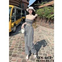 Sét bộ caro áo ống mocking kèm quần suông dài lai bèo - Đen,Freesize