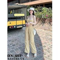 Sét bộ caro áo ống mocking kèm quần suông dài lai bèo - Vàng,Freesize