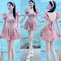 Set bộ caro bố có mút thời trang thiết nữ dịu dàng xinh xắn áo tay ngắn phồng quần đùi ống rộng có túi