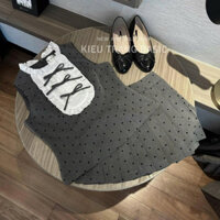 Set bộ chấm bi sát nách kèm chân váy xếp ly phối nơ hot trend