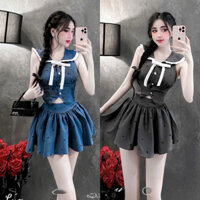 Set Bộ Chấm Bi Tim Áo Bèo Tiểu Thư Cổ Sen Đính Nơ Croptop + Chân Váy Xoè Có Lót Quần