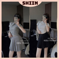 Set Bộ Chân Váy Áo Body Len Tăm Ngắn Tay Dúm Eo Mix Chân Váy Xếp Ly Dáng Ngắn Freesize