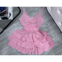 SET BỘ CHÂN VÁY NGẮN XÒE TẦNG KÈM ÁO 2 DÂY VOAN HOA HỒNG