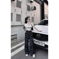 Set bộ chất thun tăm  lạnh tay ngắn cổ vuông hơ eo mix quần dài lưng thun ống rộng dây rút họa tiết in chữ