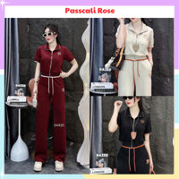 Set bộ chữ H nữ gồm áo thun cộc tay khoá kéo phối viền mix quần dài ống suông