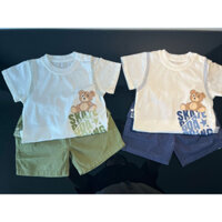 set bộ cộc tay áo trắng cotton họa tiết gấu + quần kaki túi hộp cho bé trai đi học đi chơi