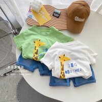 Set bộ cộc tay Cotton in hình Hươu cao cổ phối quần Jean phong cách Hàn Quốc cho bé - Mei babykid